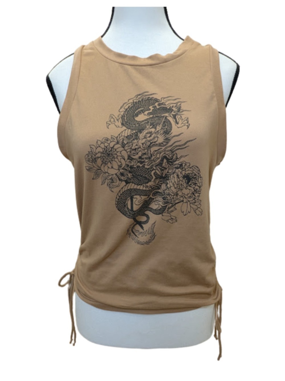 Occasion Dragon Graphic Tank Top Ruched Side Y2K Grunge Festival Beige Small